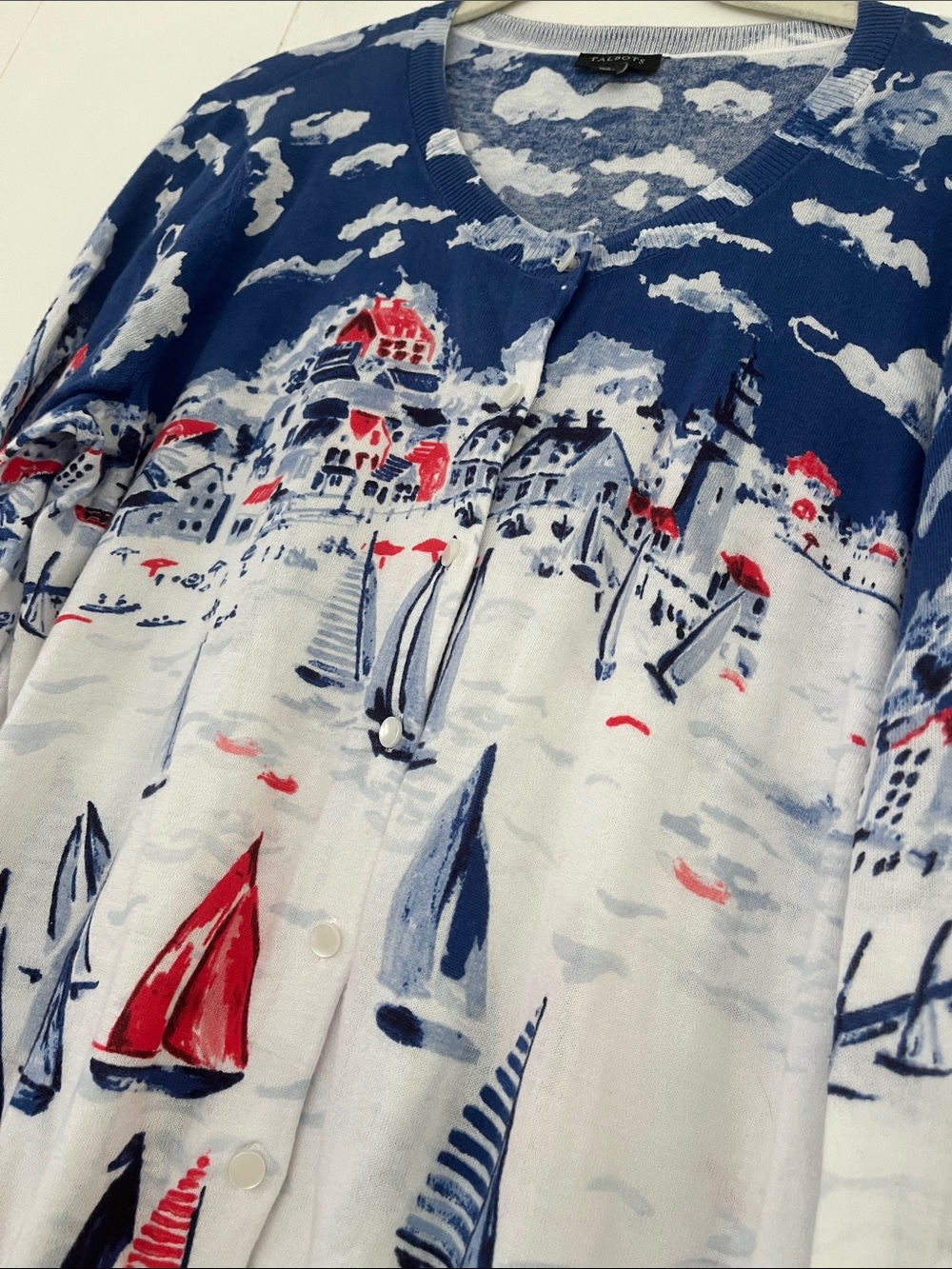 TALBOTS Sailboat Regatta Cotton Cardigan Size Large  Nautical - Picture 14 of 15